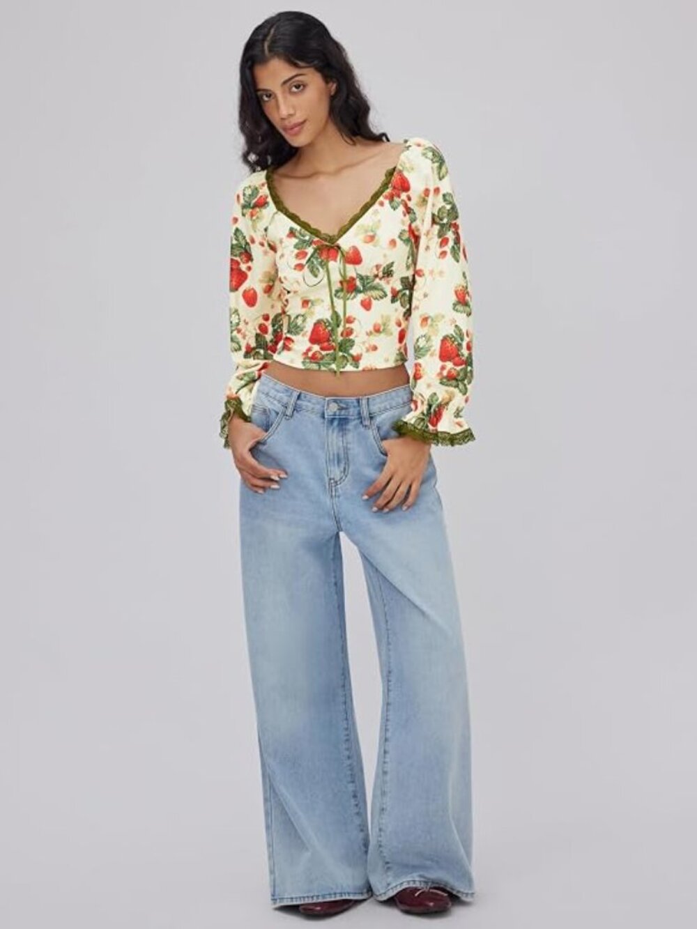 Cider Cream Strawberry Print Tie-Front Crop Top